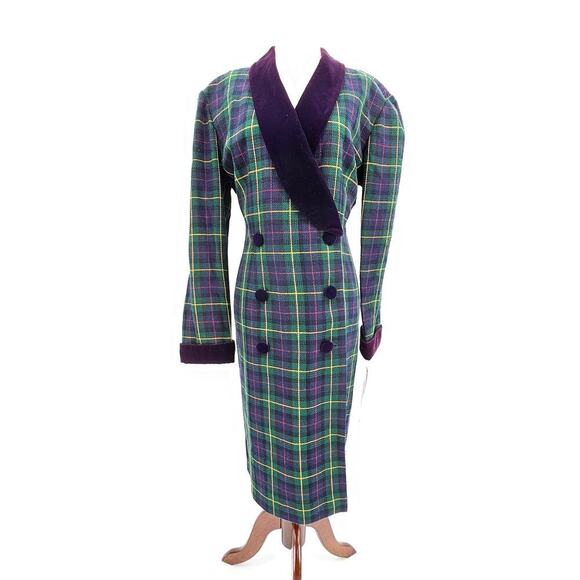 Vtg 80s/90s John Roberts Women's 12 Double Breasted Tartan Trench Midi Dress NOS - Picture 3 of 10